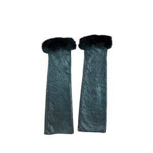 Nui Nui Black Leather & Fur Long Sleeve Cuffs Fingerless Gloves Size 7 1/2